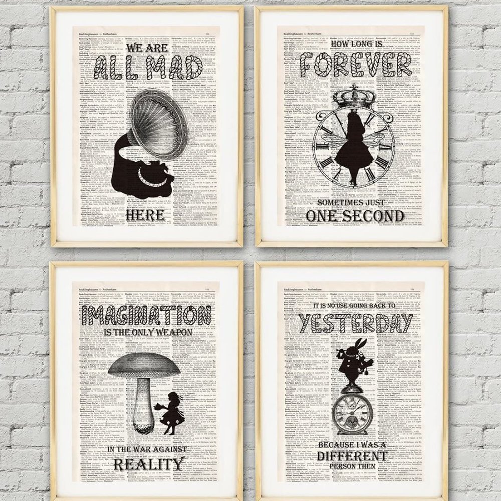 Alice in Wonderland Imagination Quotes - 4 Vintage Book Art Prints 8x10 NWT